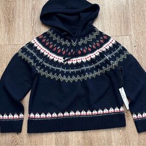 Nicole Miller Navy Blue fair isle hooded sweater